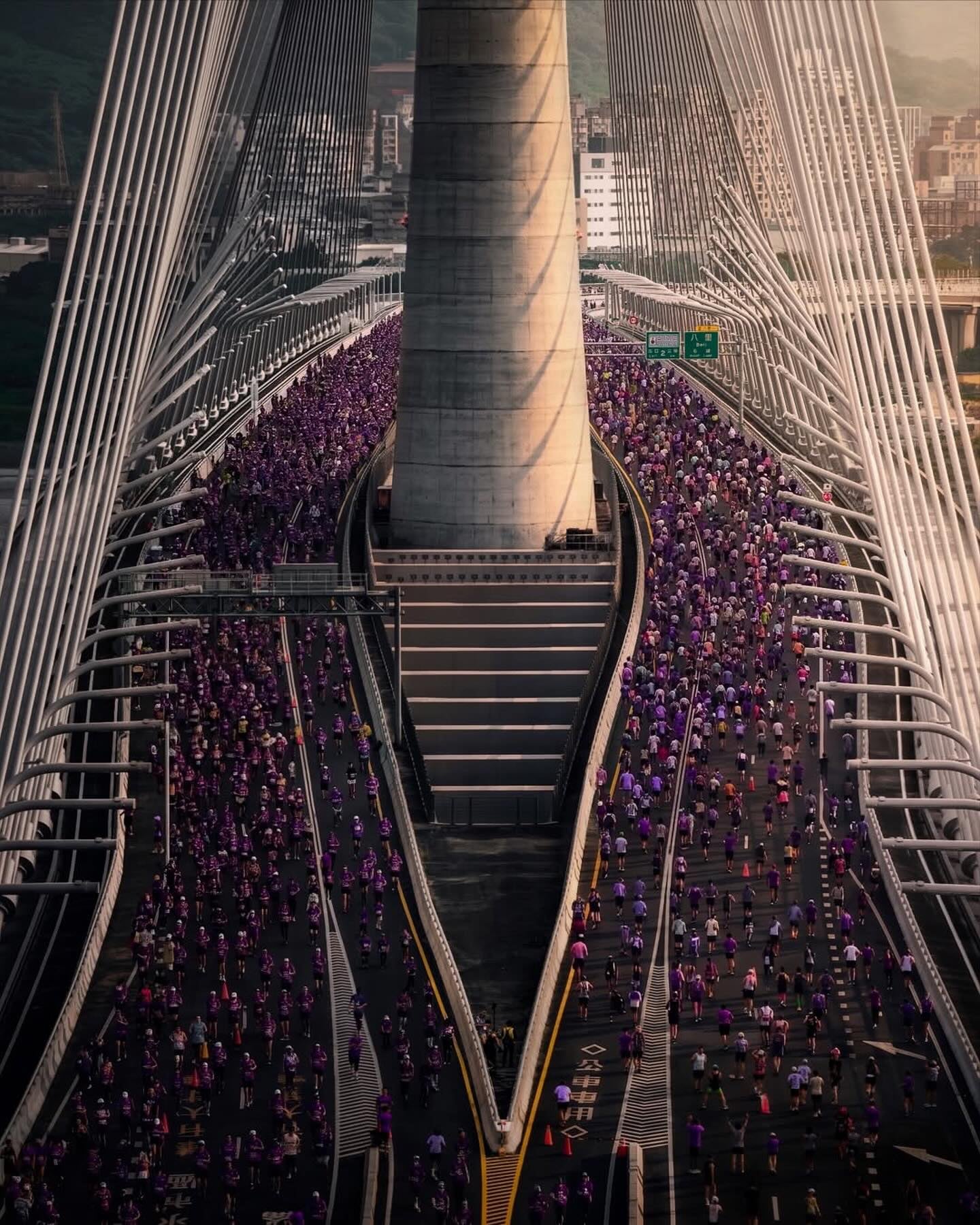 A high-angle view down the bridge deck, with a concrete tower centered between dense rows of white cables and a crowd filling the lanes on both sides.